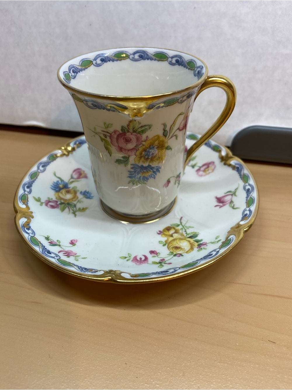 Vintage Porcelain Floral Demitasse Cup & Saucer - White with Gold Trim